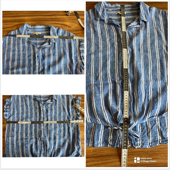 Jachs Girlfriend Blue & White Short Sleeve Button Up Blouse Tie Front Size L - Picture 9 of 9